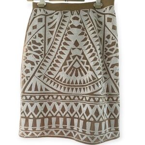 BCBGMaxAzria Tan and White Geometric Pencil Skirt